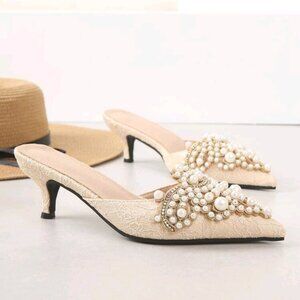 Women Faux Pearl Decor Stiletto Heeled Mules, Fashion Outdoor Pumps